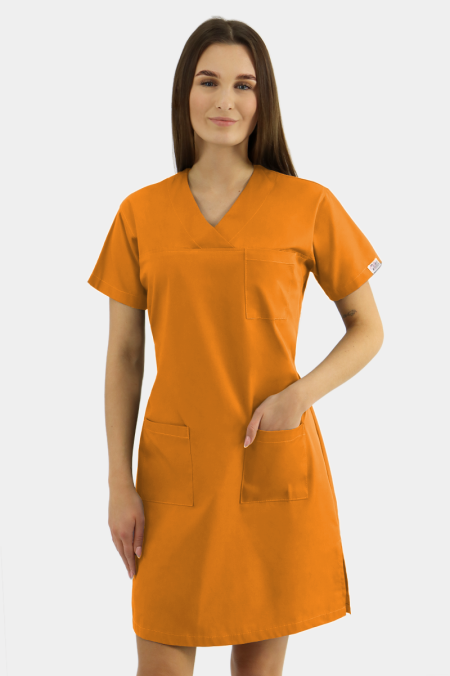 Miodowa medyczna sukienka zabiegowa z krótkim rękawem