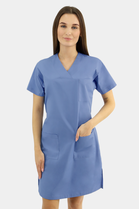 Niebieska medyczna sukienka zabiegowa z krótkim rękawem