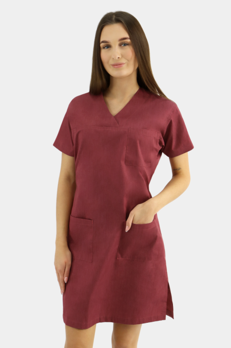 Rubinowa medyczna sukienka zabiegowa z krótkim rękawem