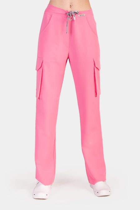 Damskie spodnie medyczne bojówki flamingo