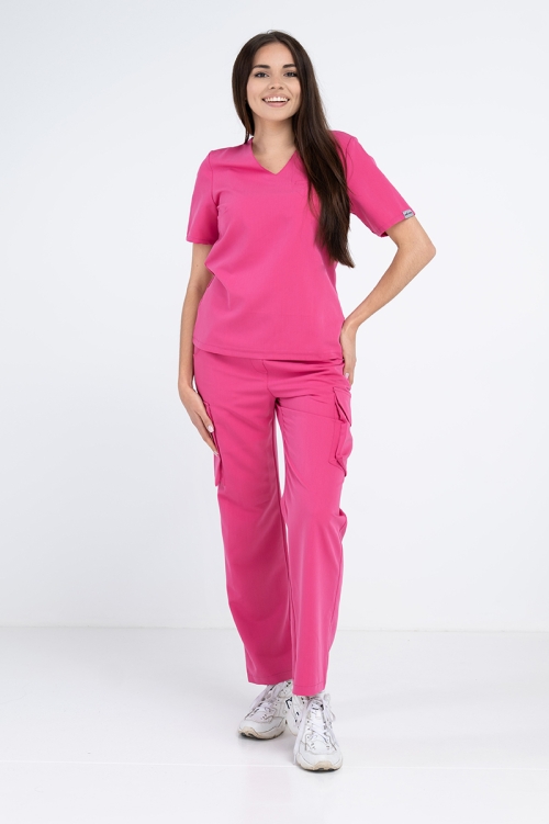 Damskie spodnie medyczne bojówki hot pink