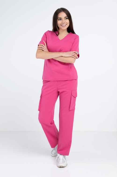 Damskie spodnie medyczne bojówki hot pink
